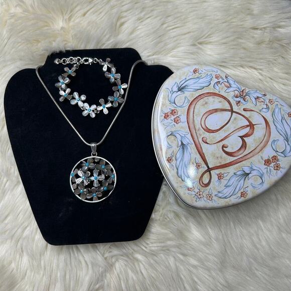 BRIGHTON EDEN'S GARDEN NECKLACE & BRACELET SET TURQUOISE W DUST BAG & METAL TIN - Picture 2 of 9